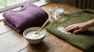 Mano che applica una miscela naturale su un vecchio maglione di lana, con altri capi piegati sul tavolo