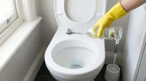 Persona con guanto giallo versa aceto bianco nel water per la pulizia del bagno