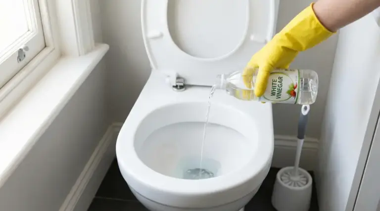 Persona con guanto giallo versa aceto bianco nel water per la pulizia del bagno
