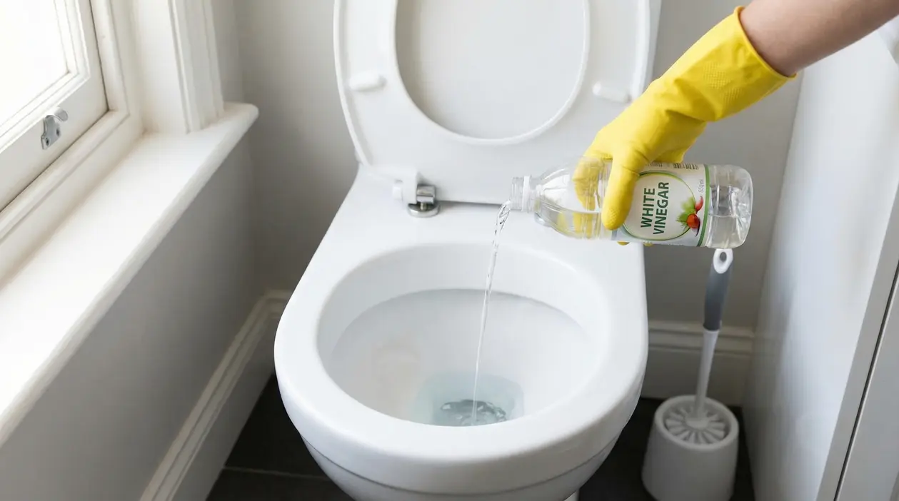 Persona con guanto giallo versa aceto bianco nel water per la pulizia del bagno