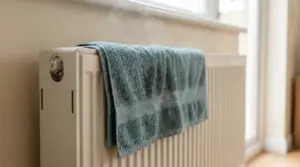 Asciugamano bagnato appoggiato su un termosifone acceso in casa vicino a una finestra