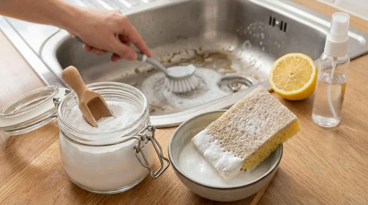 Bicarbonato di sodio usato per pulire il lavello della cucina con spugna, spazzola e limone