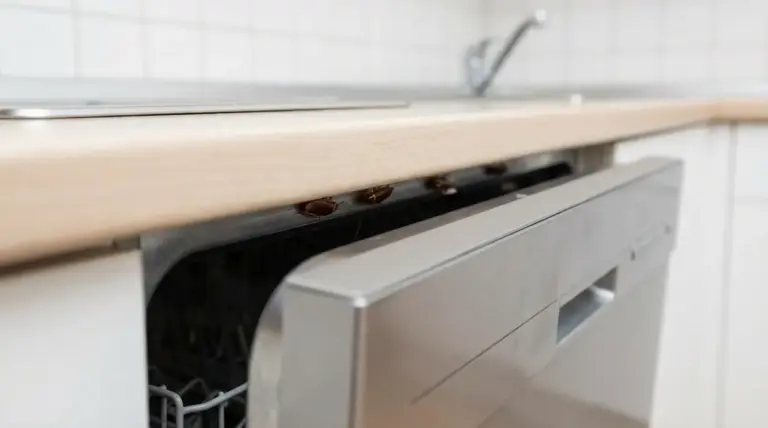 Blatte nascoste nella fessura sopra una lavastoviglie in cucina, uno dei rifugi più comuni durante il giorno