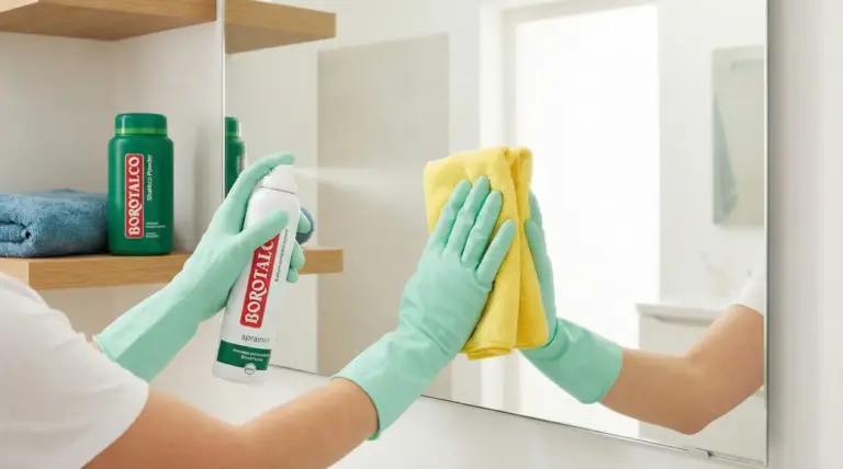 Persona pulisce uno specchio con panno in microfibra e borotalco spray in bagno luminoso