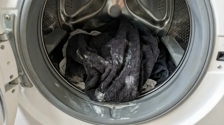 Interno di una lavatrice con asciugamani scuri e residui di detersivo sul bordo dell’oblò