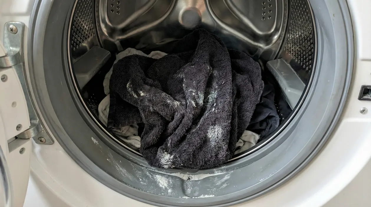 Interno di una lavatrice con asciugamani scuri e residui di detersivo sul bordo dell’oblò