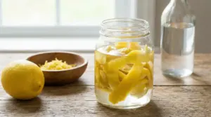 Barattolo con bucce di limone immerse nell’aceto su un tavolo, accanto a un limone intero e una bottiglia