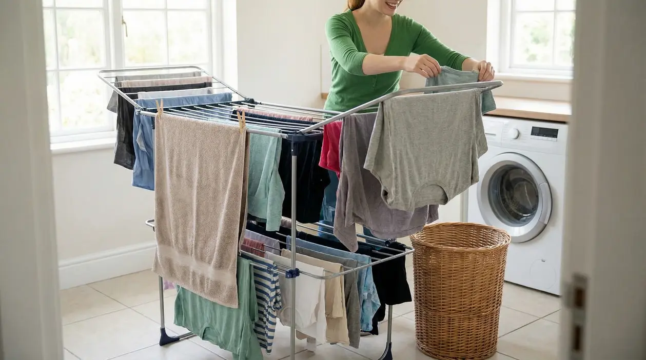 Persona che stende i panni su uno stendibiancheria in casa per asciugarli velocemente senza asciugatrice