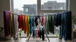 Stendibiancheria in casa davanti a una finestra con pioggia, pieno di vestiti ad asciugare