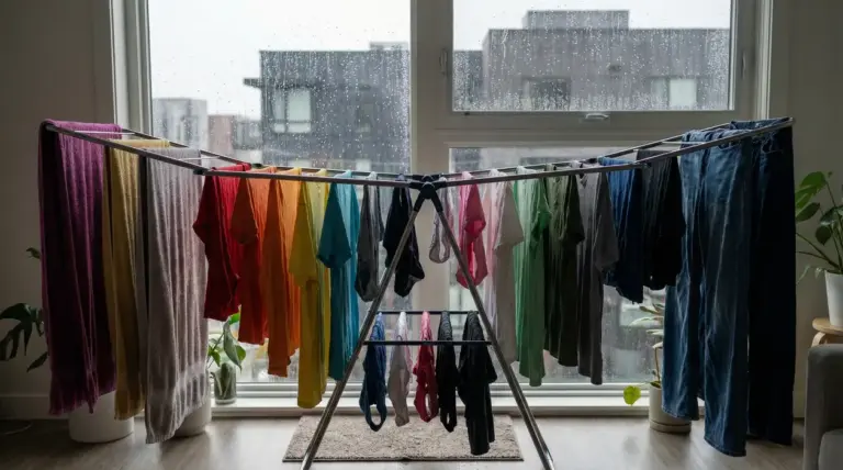 Stendibiancheria in casa davanti a una finestra con pioggia, pieno di vestiti ad asciugare