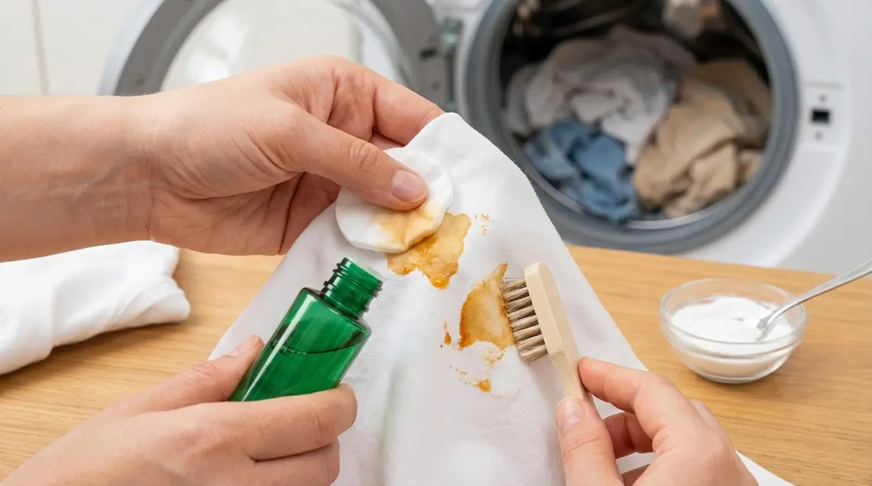 Mani trattano una macchia di resina su un tessuto bianco con detergente, batuffolo e spazzola vicino alla lavatrice