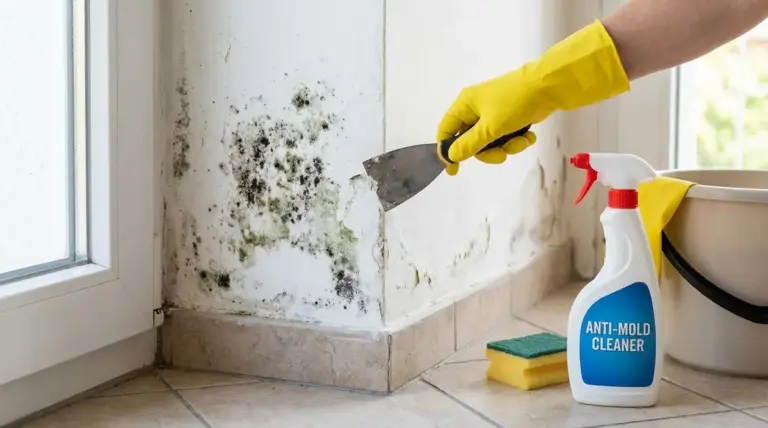 Pulizia della muffa su una parete umida vicino a una finestra con guanti, raschietto e detergente