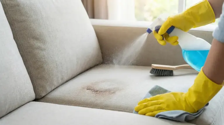 Persona spruzza detergente su un divano in tessuto macchiato per pulirlo e igienizzarlo