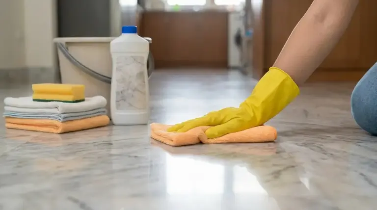 Persona pulisce un pavimento in marmo con panno morbido e guanti gialli in casa