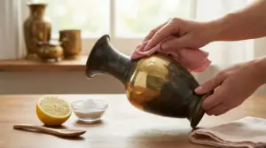 Mani puliscono un vaso in ottone ossidato con panno, limone e bicarbonato su un tavolo di legno