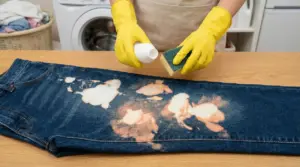 Jeans macchiati e scoloriti dalla candeggina su un tavolo, con una persona che tenta di rimediare