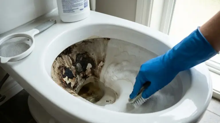 Mano con guanto blu pulisce un water con forti incrostazioni nere sul fondo usando una spazzola