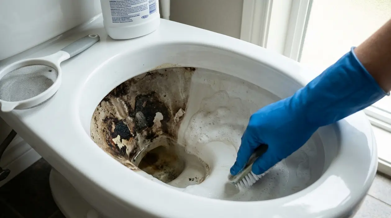 Mano con guanto blu pulisce un water con forti incrostazioni nere sul fondo usando una spazzola