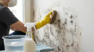 Persona con mascherina e guanti pulisce la muffa da un muro interno con una spazzola