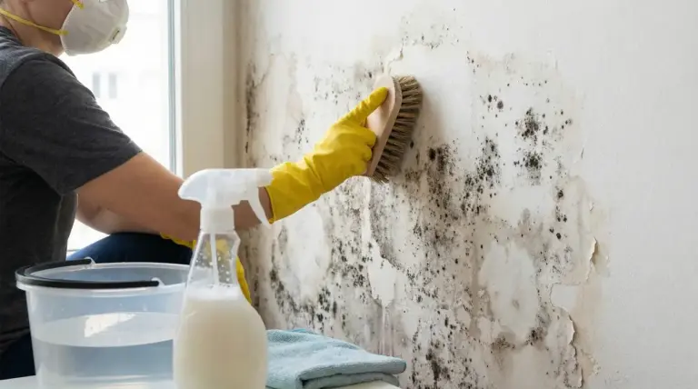 Persona con mascherina e guanti pulisce la muffa da un muro interno con una spazzola