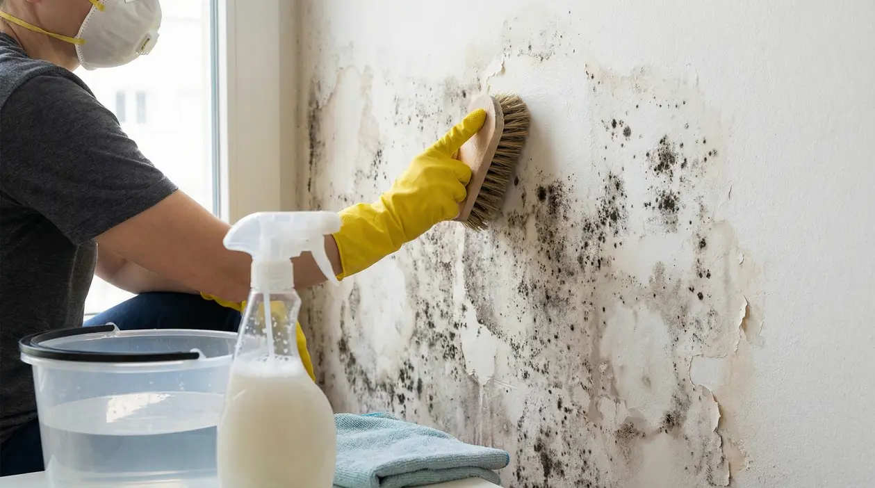 Persona con mascherina e guanti pulisce la muffa da un muro interno con una spazzola