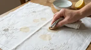 Mano che pulisce macchie marroni su un corredo antico ricamato con un metodo naturale al limone