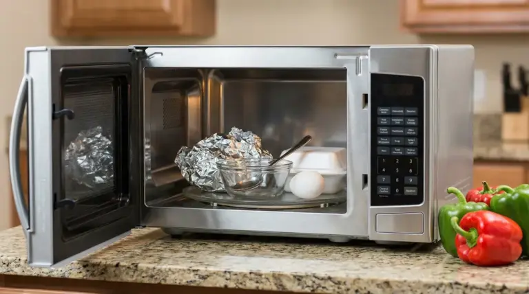 Microonde aperto con foglio di alluminio, uovo, contenitore e ciotola di vetro su un piano cucina