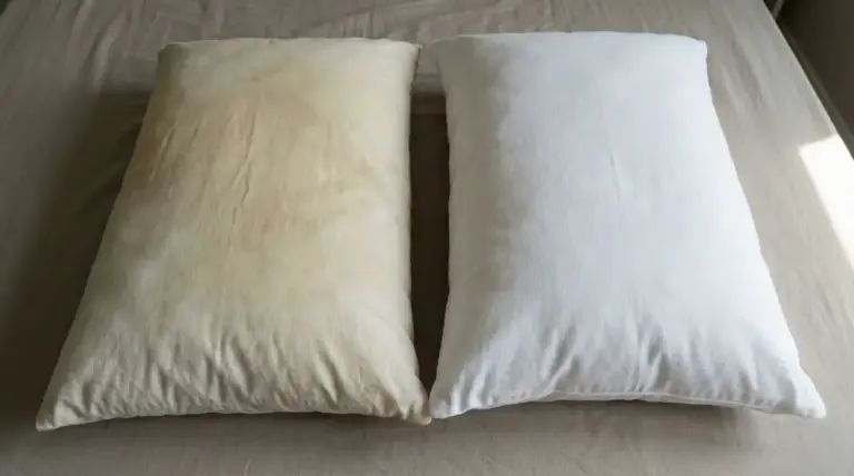 Due cuscini su un letto: uno ingiallito e uno bianco pulito a confronto