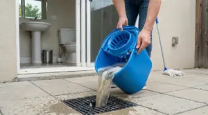 Persona svuota l’acqua sporca del mocio in uno scarico esterno invece che nel lavandino o nel wc