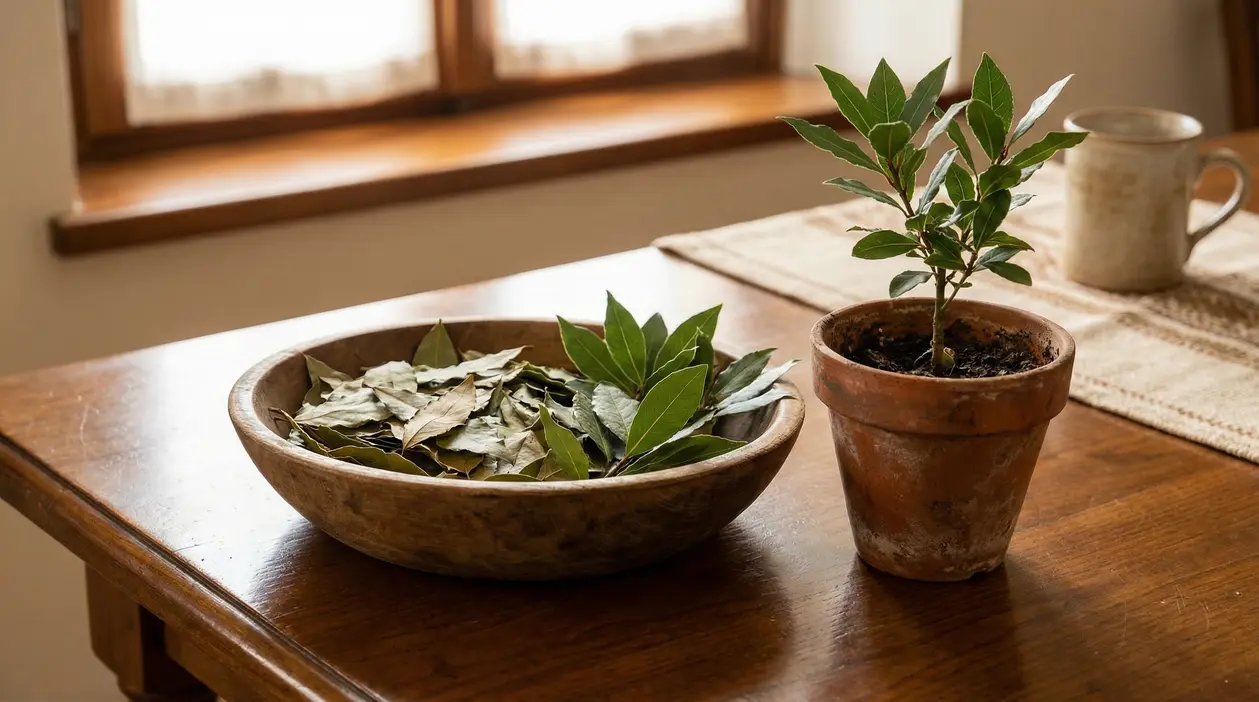 Pianta di alloro in vaso e foglie secche su un tavolo vicino alla finestra in casa