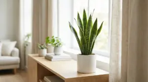 Sansevieria in vaso bianco su un mobile accanto a una finestra luminosa in soggiorno