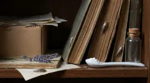 Pesciolini d’argento tra libri vecchi, carte e scaffale di legno in casa