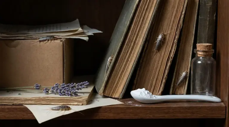 Pesciolini d’argento tra libri vecchi, carte e scaffale di legno in casa