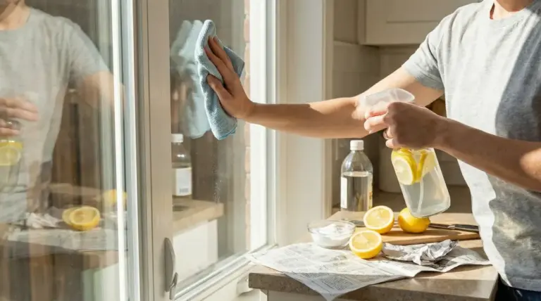 Persona che pulisce una finestra con panno e spray naturale al limone in cucina