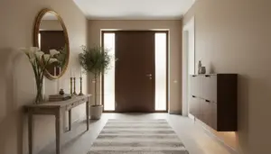 Ingresso di casa moderno con porta in legno, specchio ovale, consolle decorata, pianta e tappeto neutro