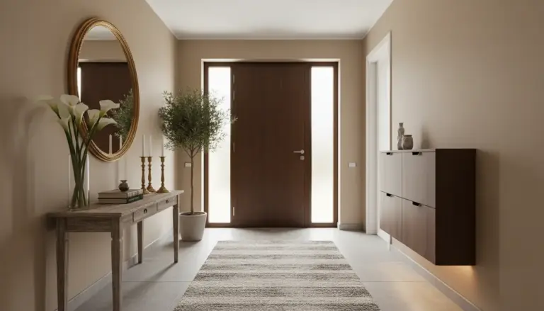 Ingresso di casa moderno con porta in legno, specchio ovale, consolle decorata, pianta e tappeto neutro