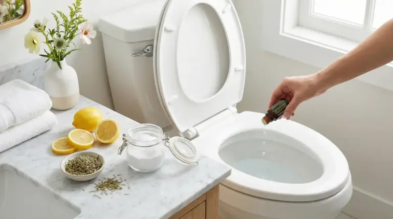 Bagno luminoso con wc aperto e una mano che versa olio essenziale, accanto a limone, bicarbonato e rosmarino