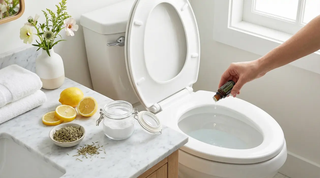 Bagno luminoso con wc aperto e una mano che versa olio essenziale, accanto a limone, bicarbonato e rosmarino
