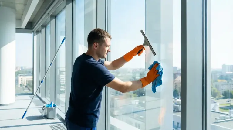 Addetto alle pulizie lava grandi vetrate con tergivetro e panno in microfibra, per un risultato senza aloni