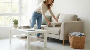 Persona che riordina il soggiorno piegando una coperta sul divano in una casa luminosa e ordinata