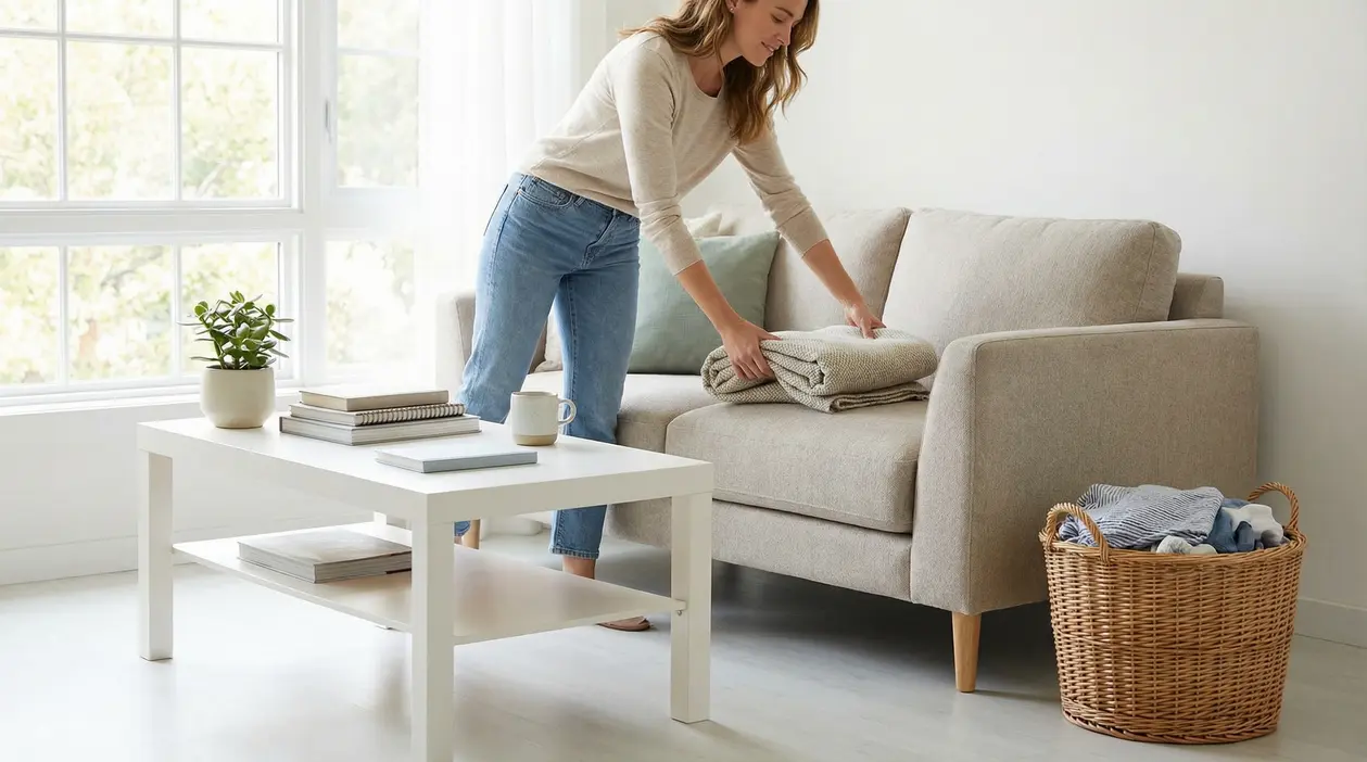 Persona che riordina il soggiorno piegando una coperta sul divano in una casa luminosa e ordinata