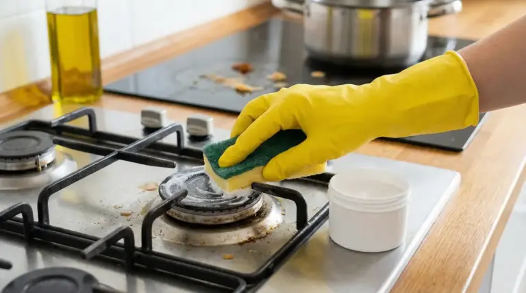 Mano con guanto giallo pulisce un piano cottura a gas con spugna e detergente in crema