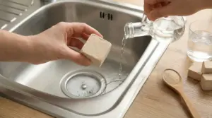 Mani con lievito di birra e liquido versato nel lavello per liberare uno scarico ostruito