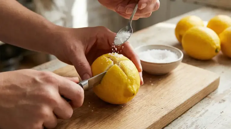 Mani incidono un limone a croce e lo riempiono di sale grosso su un tagliere in cucina