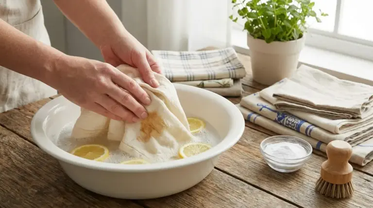 Persona che smacchia una tovaglia in ammollo con limone e bicarbonato, accanto a strofinacci puliti