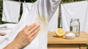 Macchia gialla sotto l’ascella su camicia bianca trattata con rimedio naturale a base di limone e bicarbonato