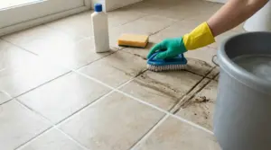 Persona con guanti pulisce le fughe nere del pavimento con una spazzola e detergente