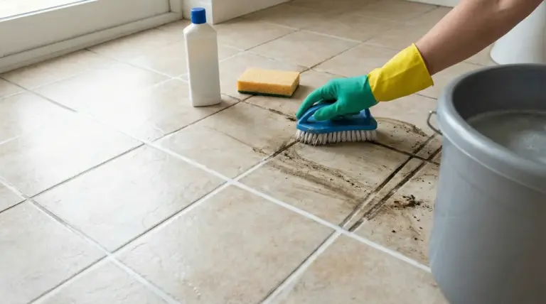 Persona con guanti pulisce le fughe nere del pavimento con una spazzola e detergente