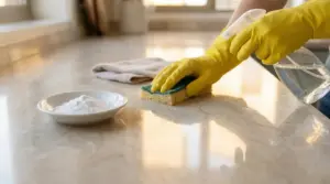 Persona pulisce una superficie in marmo con spugna e soluzione naturale per lucidarla