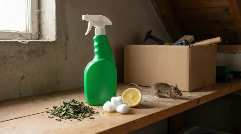 Topo su un banco in soffitta accanto a spray naturale, limone e erbe repellenti